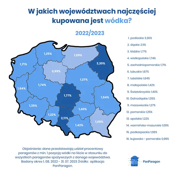 Mapa województw, w których najczęściej kupuje się wódkę