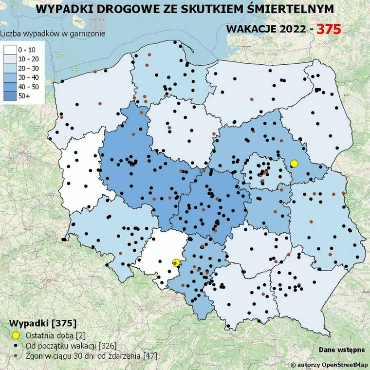 Mapa wypadków: wakacje 2022 r.