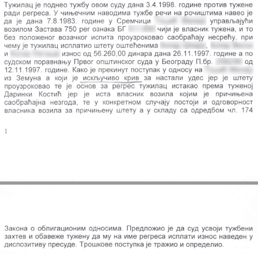 Iz presude Prvog opštinskog suda