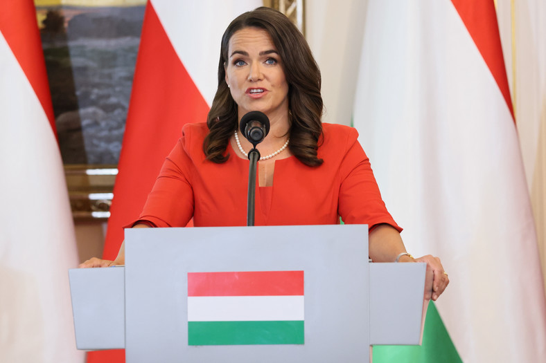  Prezydent Węgier Katalin Novak podczas wspólnej konferencji prasowej z prezydentem RP Andrzejem Dudą po spotkaniu w Belwederze w Warszawie