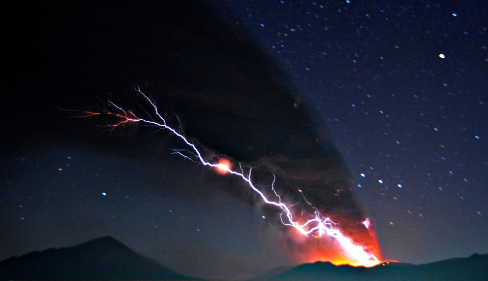 Shinmoedake peak erupts, as seen from Takaharu Town Office, Miyazaki prefecture, Japan