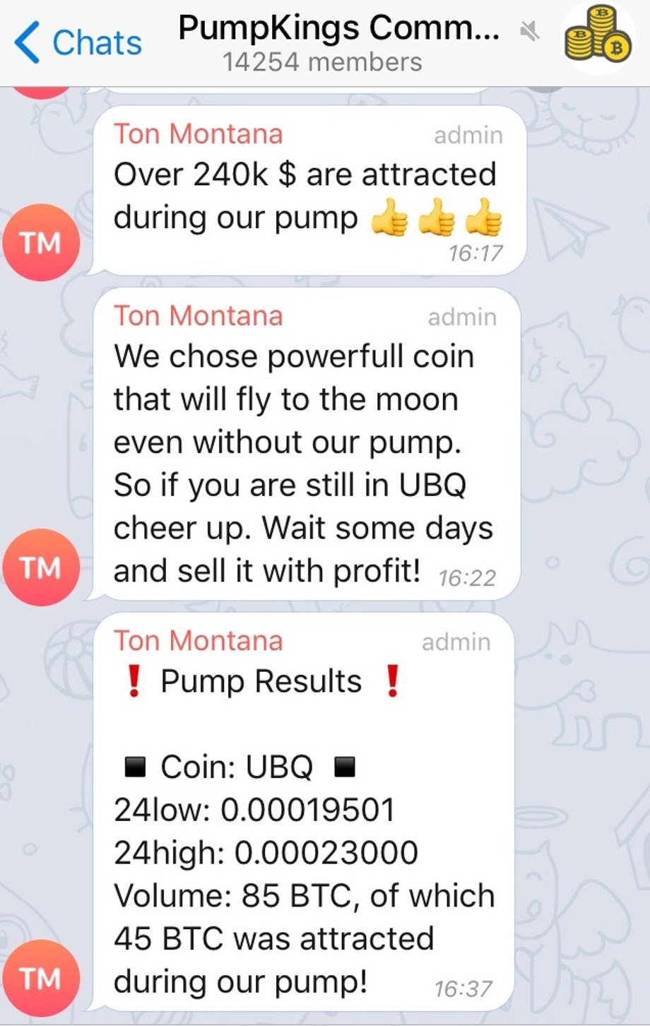 Messages on the Telegram channel "PumpKings Community."