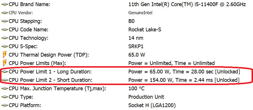 Intel Core i5-11400F – domyślna konfiguracja limitów mocy CPU zalecana przez Intela