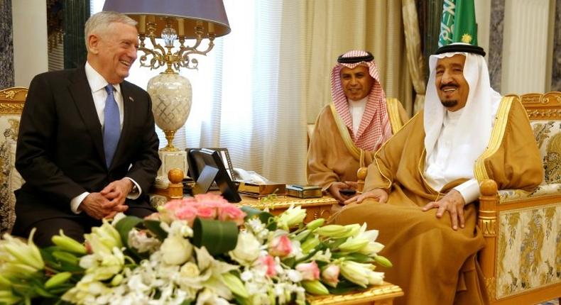 Saudi King Salman (R) sits next to an interpreter during a meeting with US Defence Secretary James Mattis in Riyadh on April 19, 2017