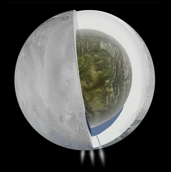 Diagram ukazujący możliwą budowę Enceladusa, jednego z księżyców Saturna, wykonany na podstawie badań pola grawitacyjnego wykonanych przez sondę Cassini