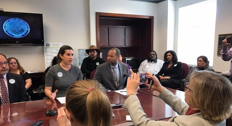 Sen. Yvanna Cancela speaks with Majority Leader Aaron Ford and diabetes patients.