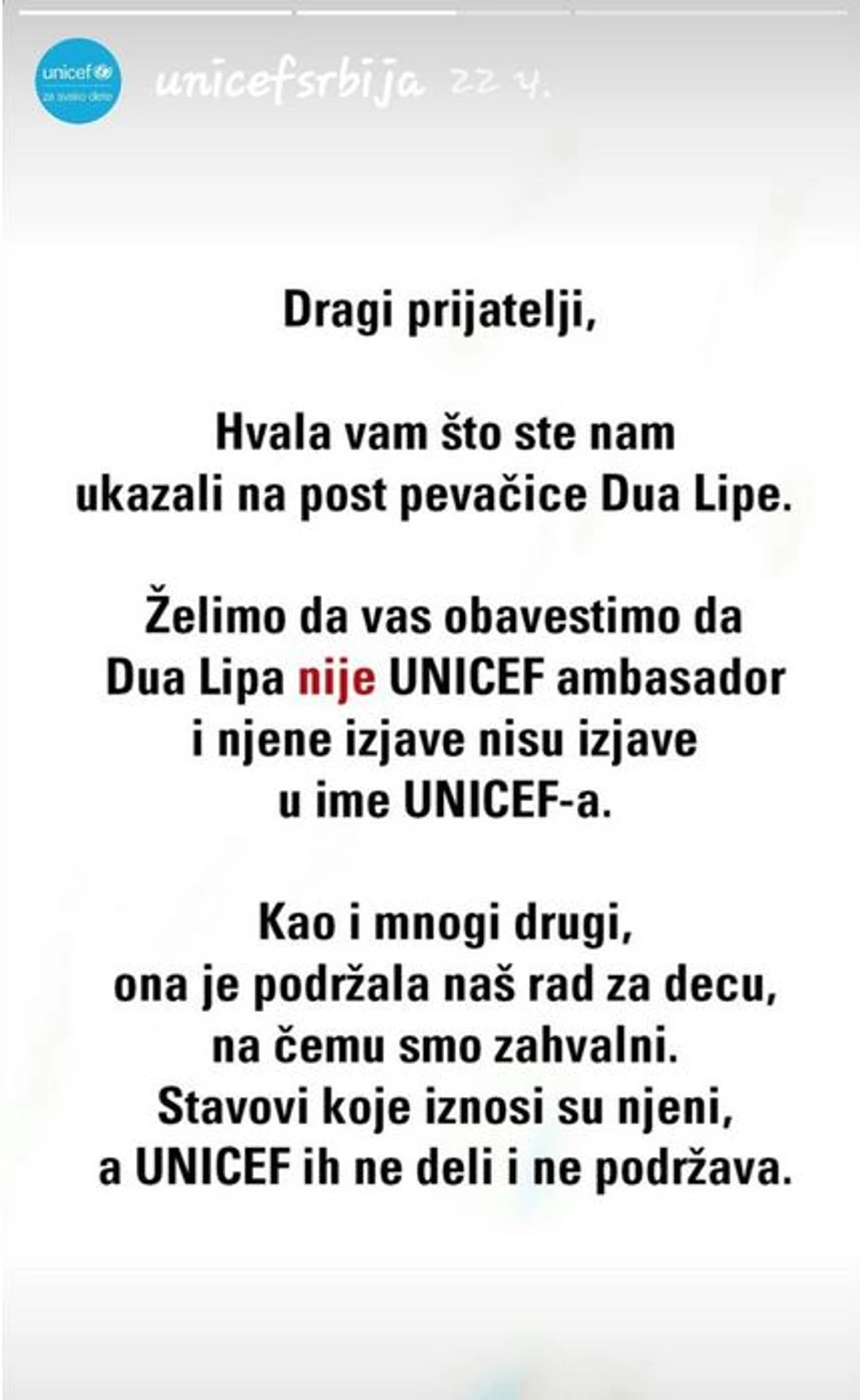 Unicef se ogradio od pevačice