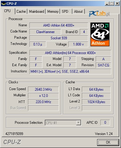 Maksymalna, stabilna częstotliwość pracy procesora AMD Athlon 64 4000+ przy chłodzeniu powietrznym to 2,64 GHz.