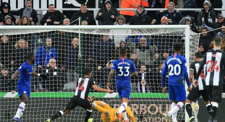 Newcastle midfielder Isaac Hayden celebrates his late winner against Chelsea