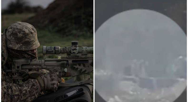 (L) A Ukrainian Territorial Defence Forces soldier trains with a sniper rifle. (R) A still from the footage of the claimed shot, released in November 2023.Ozge Elif Kizil/Anadolu via Getty Images / Ukraine Special Forces