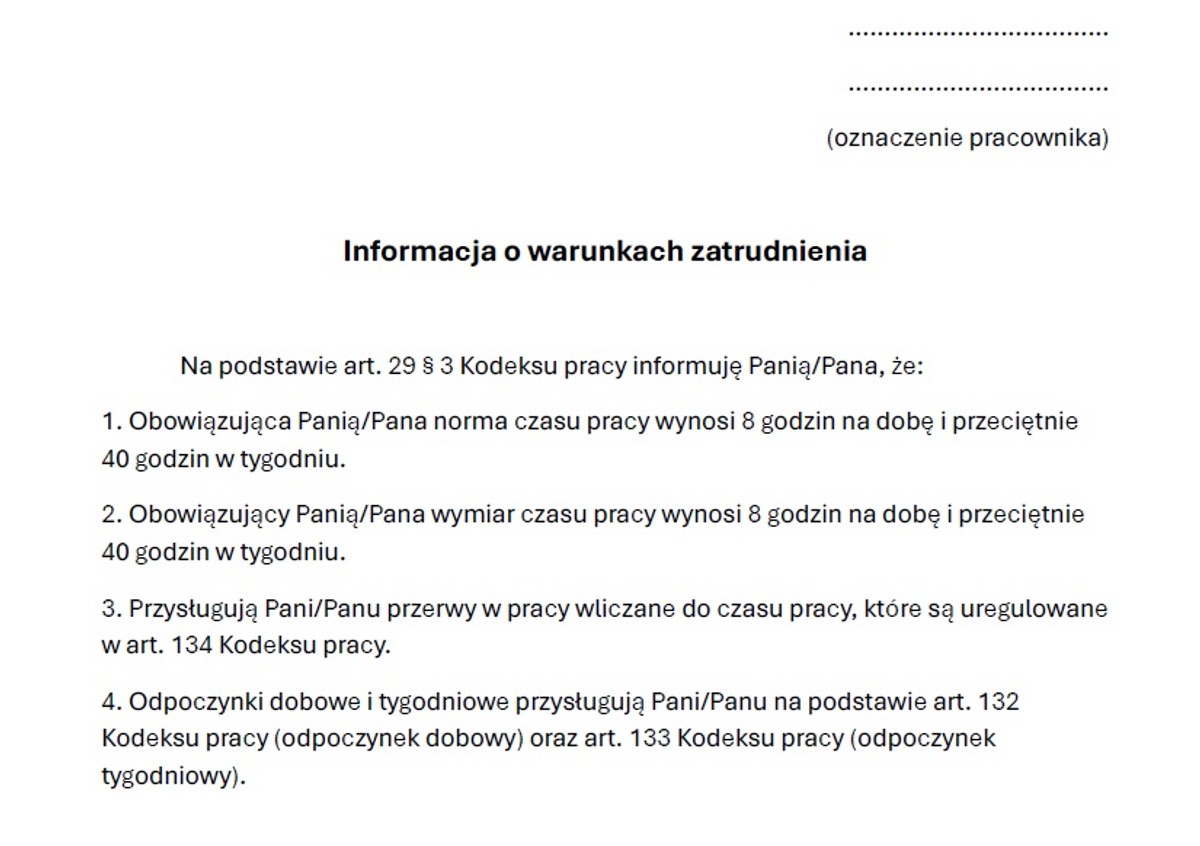 Informacja o warunkach zatrudnienia 2024 - wzór doc i pdf