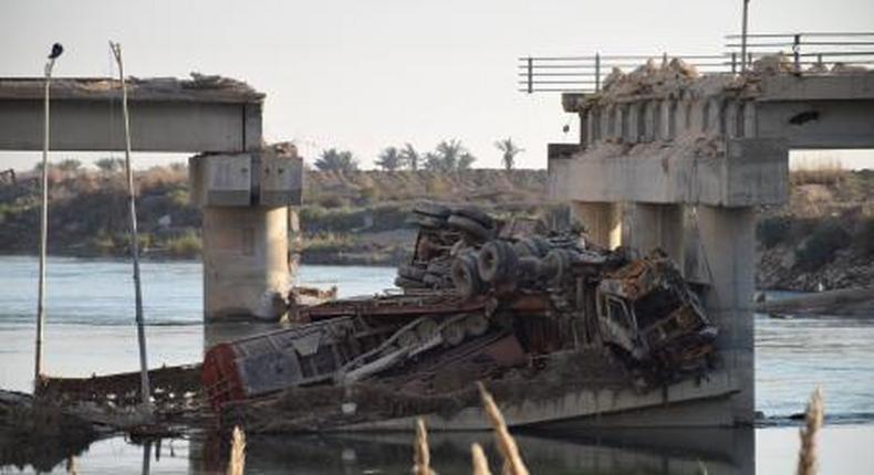 A collapsed bridge is seen in Ramadi city, December 26, 2015. Picture taken December 26, 2015.