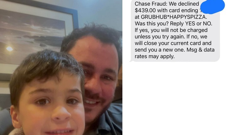 Keith Stonehouse says Chase declined his son's $500 pizza order due to suspicions of fraud, but other deliveries still arrived at their door.Keith Stonehouse