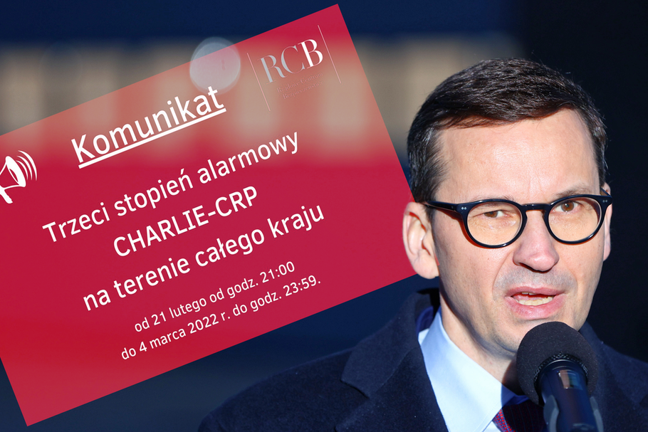 Premier Mateusz Morawiecki wprowadził w Polsce trzeci stopień alarmowy CRP (CHARLIE) w poniedziałek wieczorem. Będzie obowiązywał co najmniej do 4 marca 2022 r., choć wszystko zależy od rozwoju sytuacji na Ukrainie