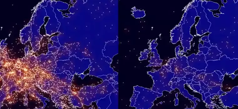 Eurocontrol publikuje komputerową wizualizację natężenia lotów dziś i rok temu. Nad Europą prawie pusto