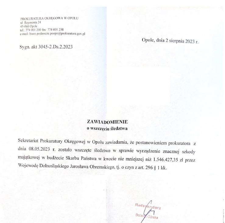 Zawiadomienie o wszczęciu śledztwa przez Prokuraturę Okręgową w Opolu.