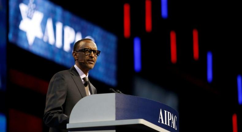 Rwandan president Paul Kagame speaks during the American Israel Public Affairs Committee policy conference in Washington