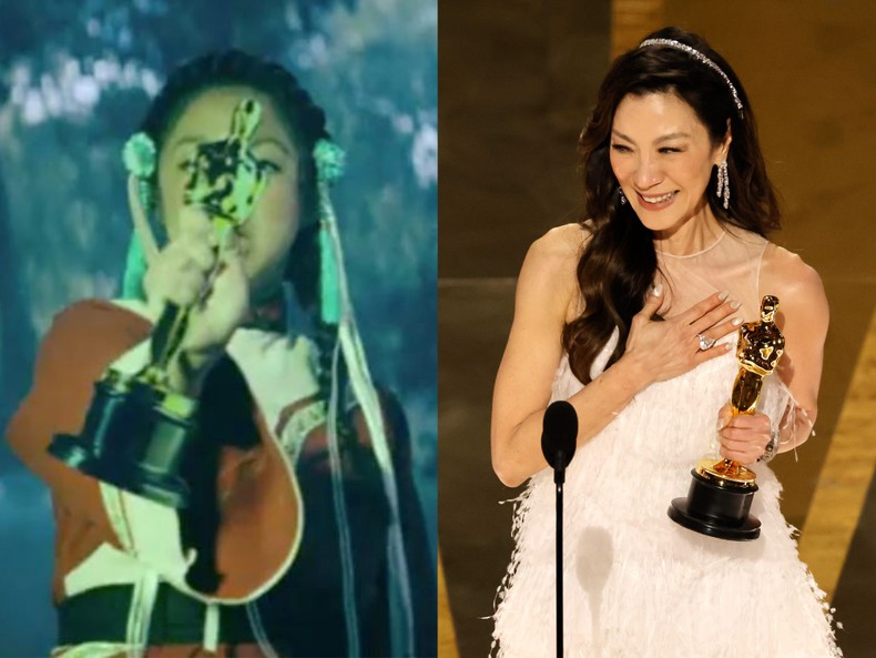 Jobu holding an Oscar in Everything Everywhere All At Once / Michelle Yeoh accepts the best actress award for Everything Everywhere All at Once on March 12, 2023.A24 / Getty Images