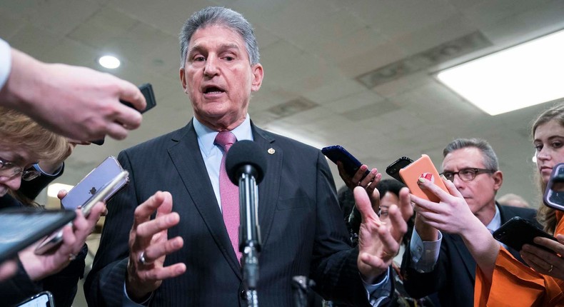 WASHINGTON, DC - FEBRUARY 05: Senator Joe Manchin (D-WV) speaks to the press near the Senate subway following a vote in the Senate impeachment trial that acquitted President Donald Trump of all charges on February 5, 2020 in Washington, DC. After the House impeached Trump last year, the Senate voted today to acquit the President on two articles of impeachment as the trial concludes.