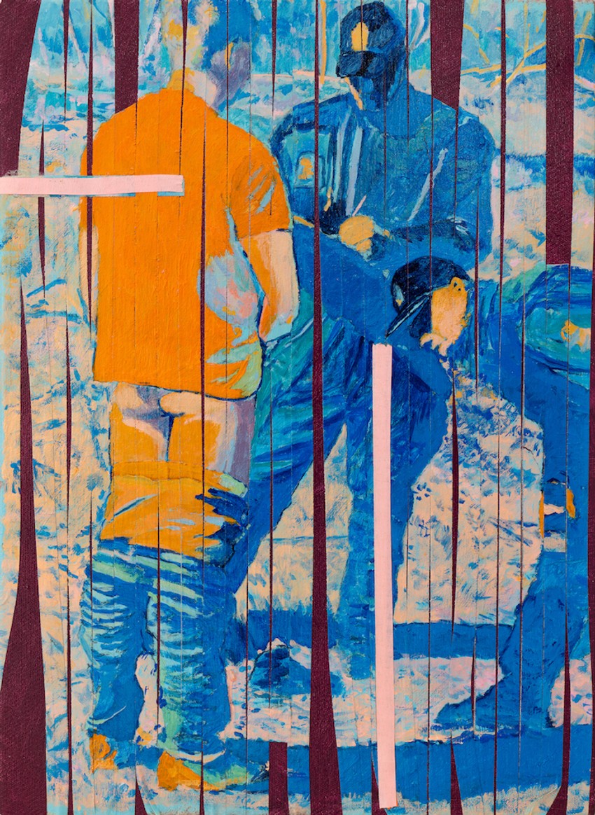 Mito Gegič, Processed by the Boys, 2023, akril, maskirni trak na platno, 35x25cm