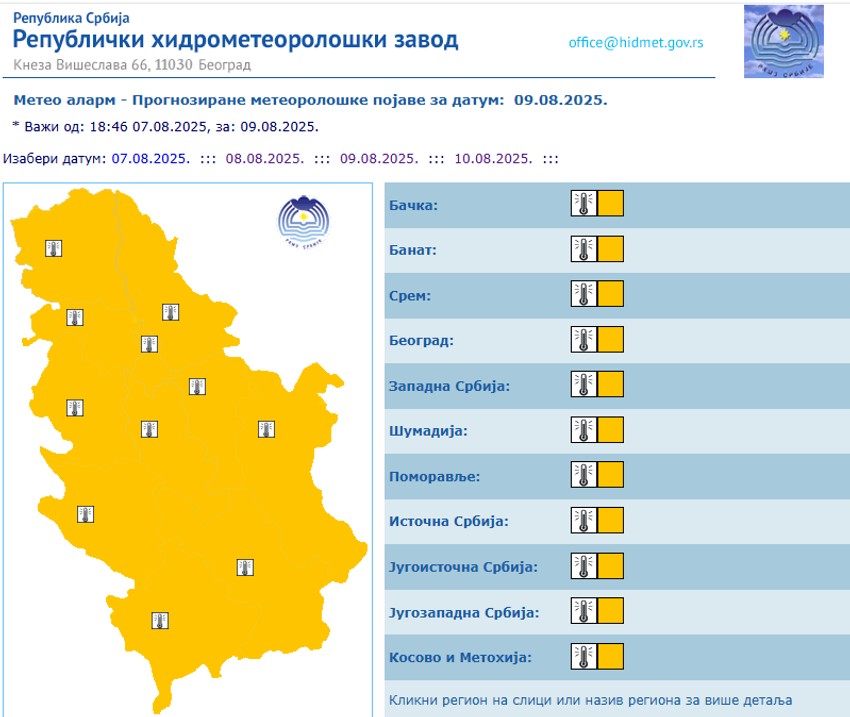 Narandžasti meteoalarm za 9. avgust