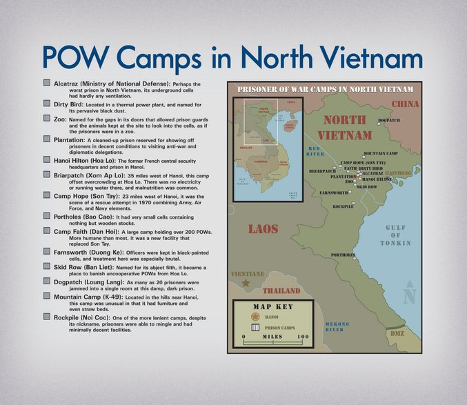 Większość więzień w systemie północnowietnamskim znajdowała się w Hanoi lub w jego pobliżu. Wszystkie lokalizacje otrzymały nadane przez amerykańskich więźniów. angielskie kryptonimy często o prześmiewczym charakterze, W każdym obozie warunki życia były nieco inne, a jeńcy byli rutynowo przenoszeni między nimi. Obiekt Plantation uchodził za obóz pokazowy dla zagranicznych delegacji.