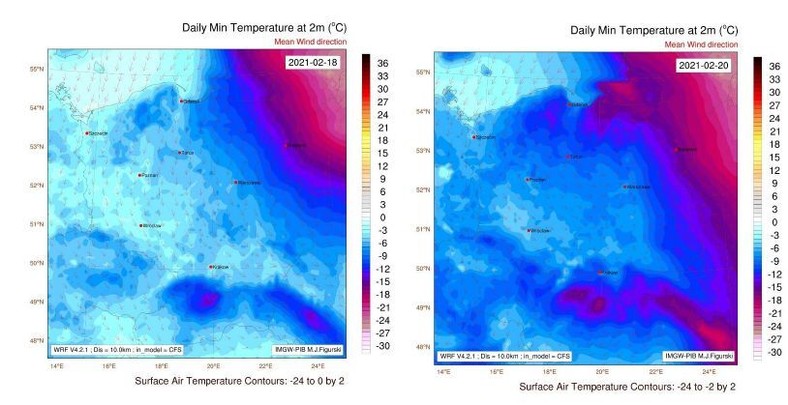 Pogoda - 18.02, niebieskie kolory oznaczają kilkanaście stopni na minusie