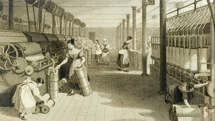Przędzalnia bawełny w Manchesterze, ok 1834 r., domena publiczna