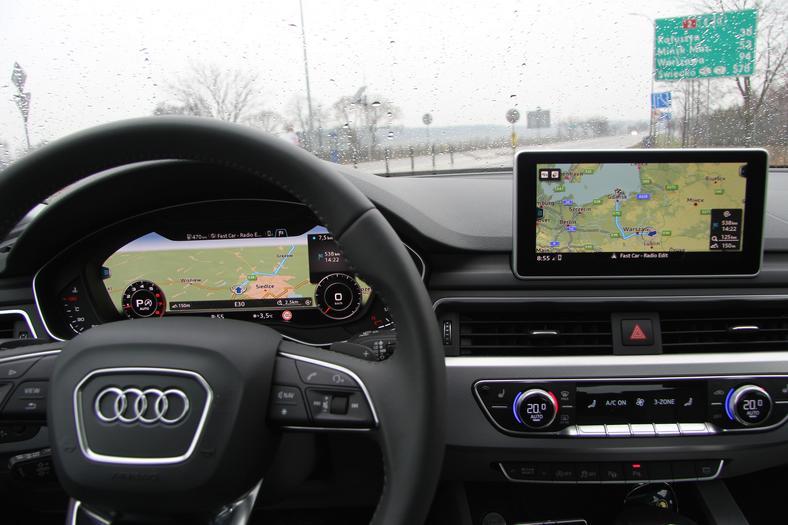 Audi A4 2016. Nawigacja MMI, Virtual Cockpit - zaplanowana trasa widoczna na obu ekranach