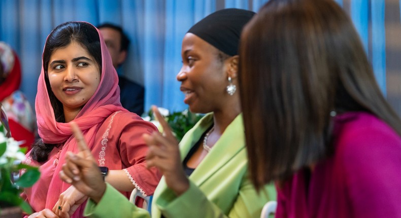 L-R: Malala Yousafzai, Maryam Taaooma Apaokagi, and Susan Pwajok [Grace Ekpu/Malala Fund]