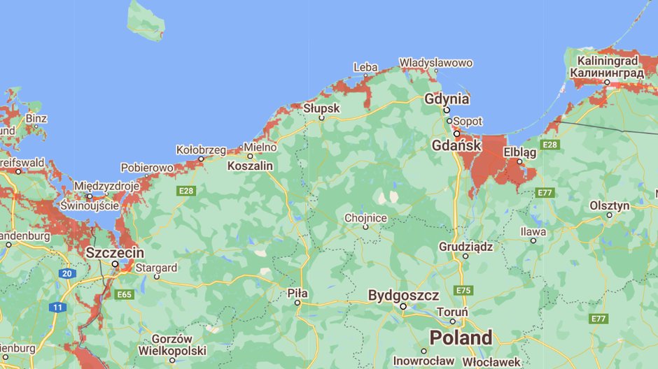 Mapa przedstawiająca tereny, które mogą zostać zalane, jeżeli poziom mórz podniesie się o 10 m