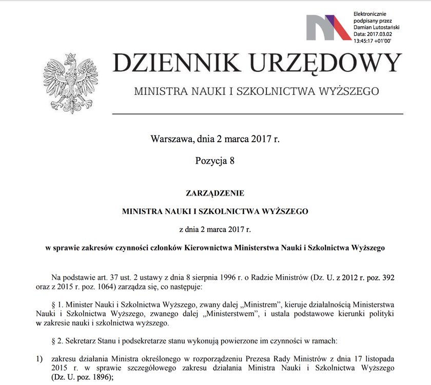 Strona tytułowa zarządzenia kompetencyjnego z marca 2017 r.