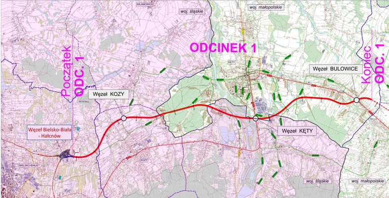 Mapa przebiegu BDI od Bielska-Białej do Bulowic