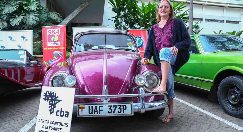 Leslie carvell pose for a photo with her 1970 VW Beetle. Percy-9277during the pressbriefing of the 2019 Concours D’elegance.This was held at Sarova Panafric hotel Nairobi.