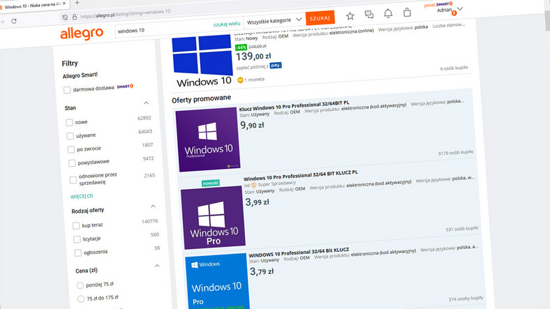 Windows 10 można obecnie na Allegro kupić nawet poniżej 5 zł 
