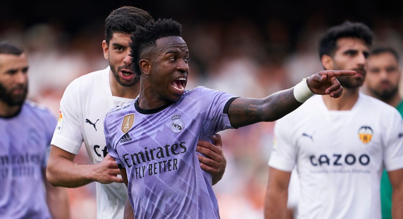 Fans shouted racist chants at Real Madrid's Vinicius Junior (center) during a match on Sunday.Quality Sport Images/Contributor/Getty Images