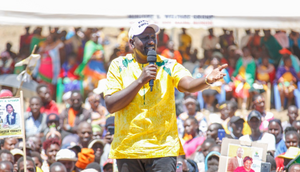 UDA presidential aspirant Dr William Ruto speaking during a Kenya Kwanza rally in Laikipia County on Saturday February 26, 2022