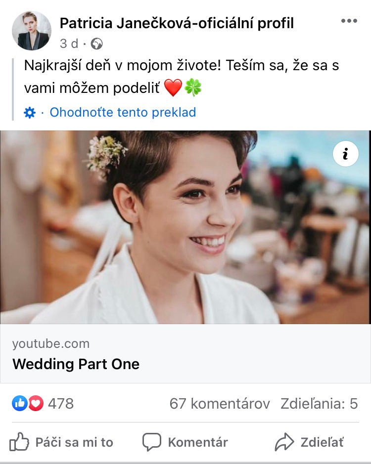 Patricia zverejnila video zo svadby len krátko pred smrťou.