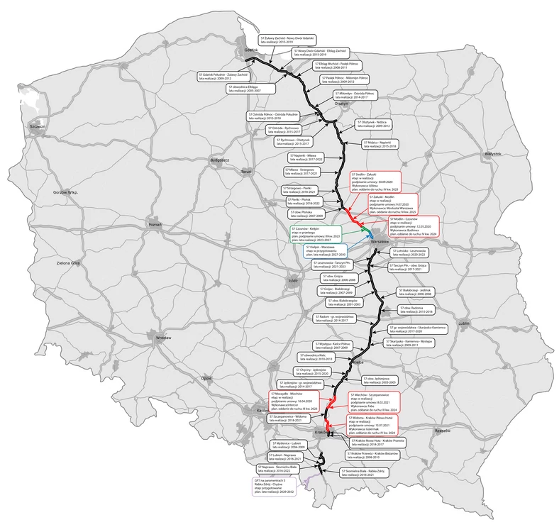 Mapa z przebiegiem drogi ekspresowej S7