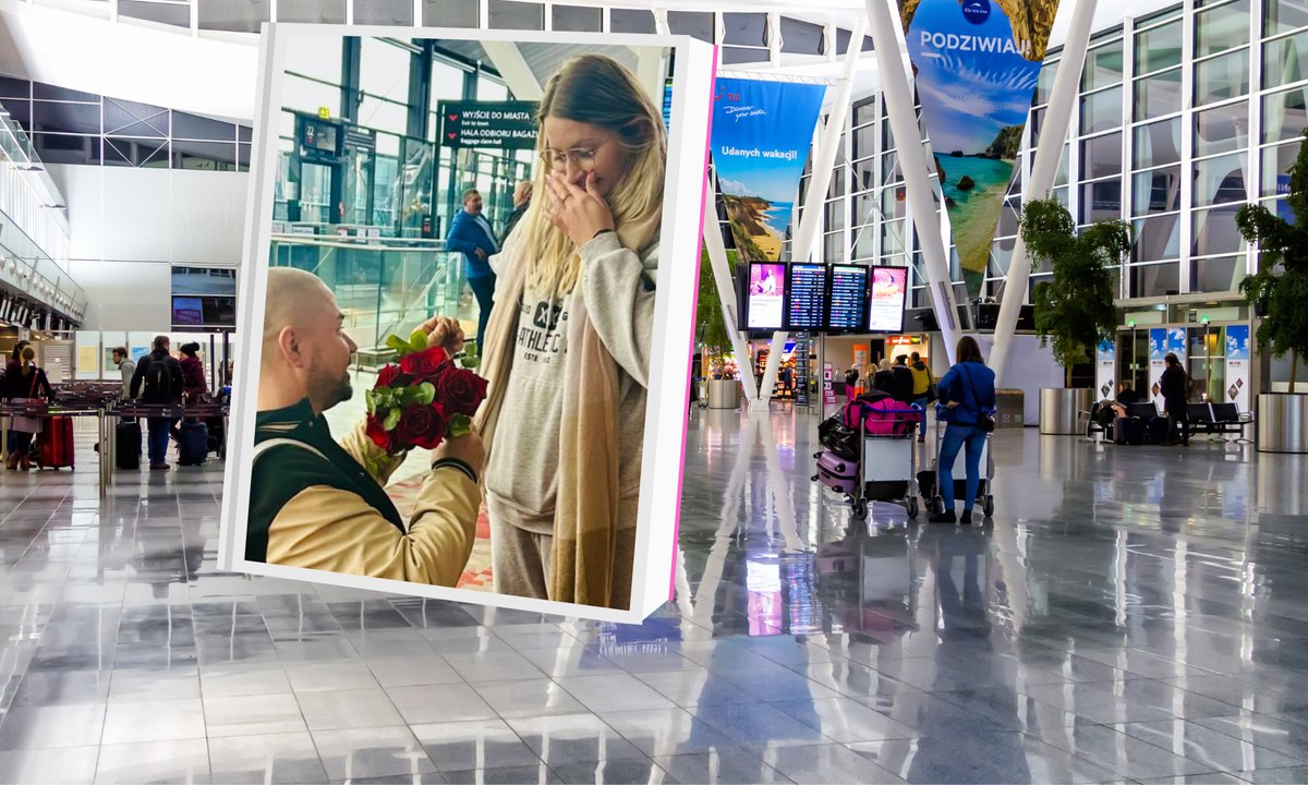 Niecodzienna scena na lotnisku w Gdańsku. Klęknął przed nią w hali odlotów