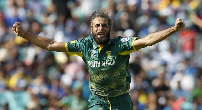 South Africa's Imran Tahir celebrates taking the wicket of Sri Lanka's Asela Gunaratne for four runs on June 3, 2017