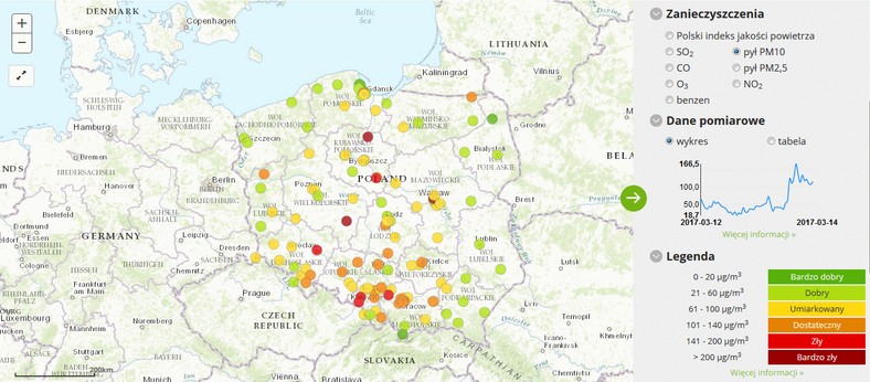 Stężenie pyłu PM10 - 2017-03-14 od godziny 07:00 do 08:00