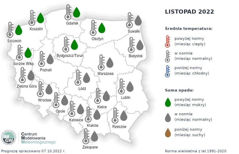 Eksperymentalna prognoza długoterminowa temperatury i opadu na listopad 2022 r. 