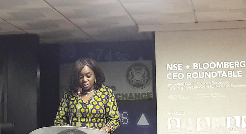 Mrs Kemi Adeosun, Minister of Finance delivering her keynote address during the NSE-Bloomberg CEO Roundtable in Lagos