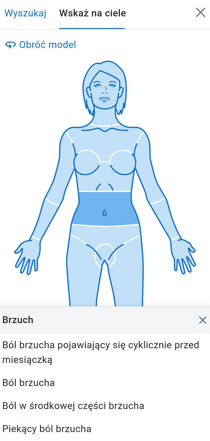 Obrotowy model 3D ciała człowieka umożliwia wybranie obszaru, który przysparza nam najwięcej dolegliwości
