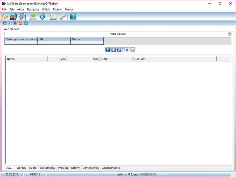 Główne okno programu do udostępniania plików - 1AVShare