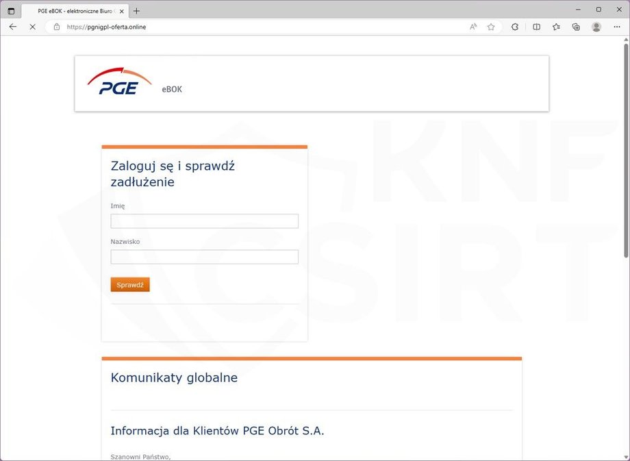 Strona phishingowa podszywająca się pod dostawcę energii elektrycznej.