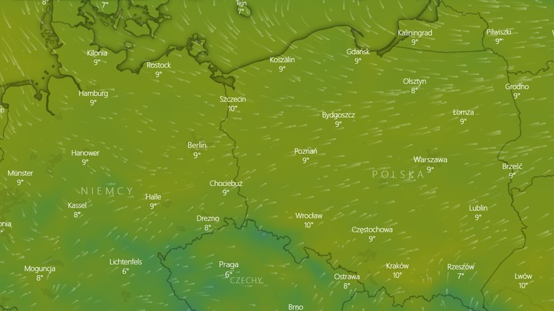 Prognozowana temperatura na niedzielę, 21 listopada