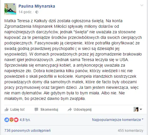 wpis Pauliny Młynarskiej na Facebooku