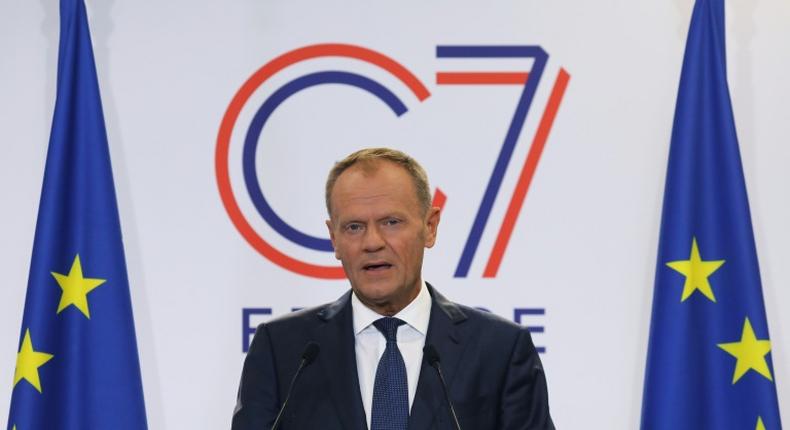 European Council President Donald Tusk addresses the media in Biarritz, France on August 24